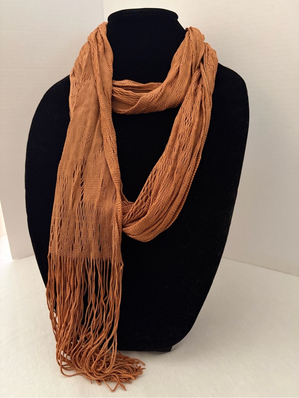 Vintage 70s Made in Japan Copper Brown Rayon Fringe Knit Scarf Wrap Shawl Boho